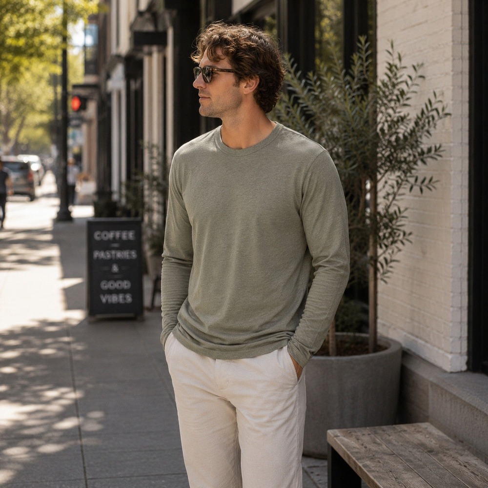 Jason Scott Mens Long Sleeve Crew Neck Tee Olive Green Heather Medium Peru